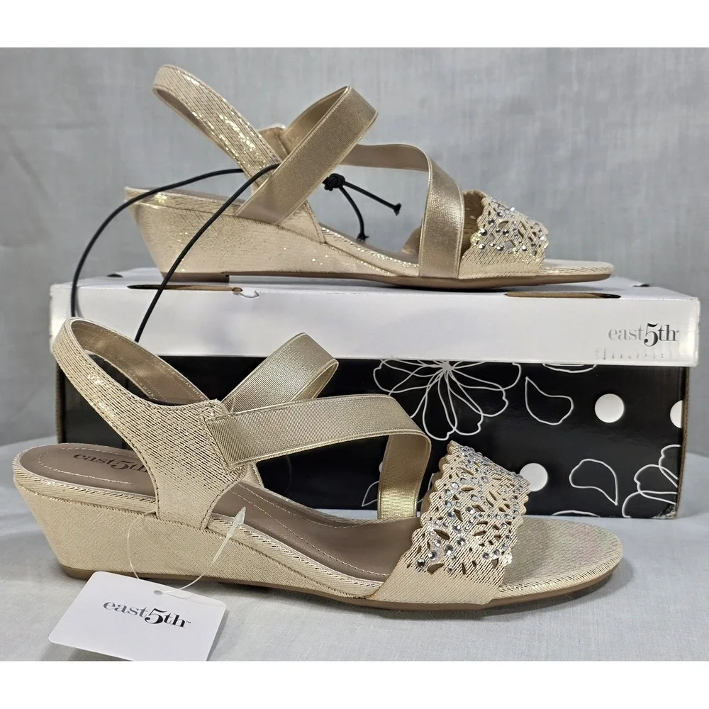 East‎ 5th Gladie Gold Wedge Sandals Rhinestone Dress Shoes Womens 8.5M 106-0208